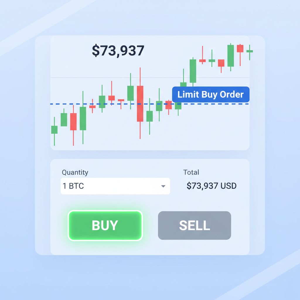 trading chart with limit order placed at $73,937, candlestick graph, buy button highlighted, professional style
