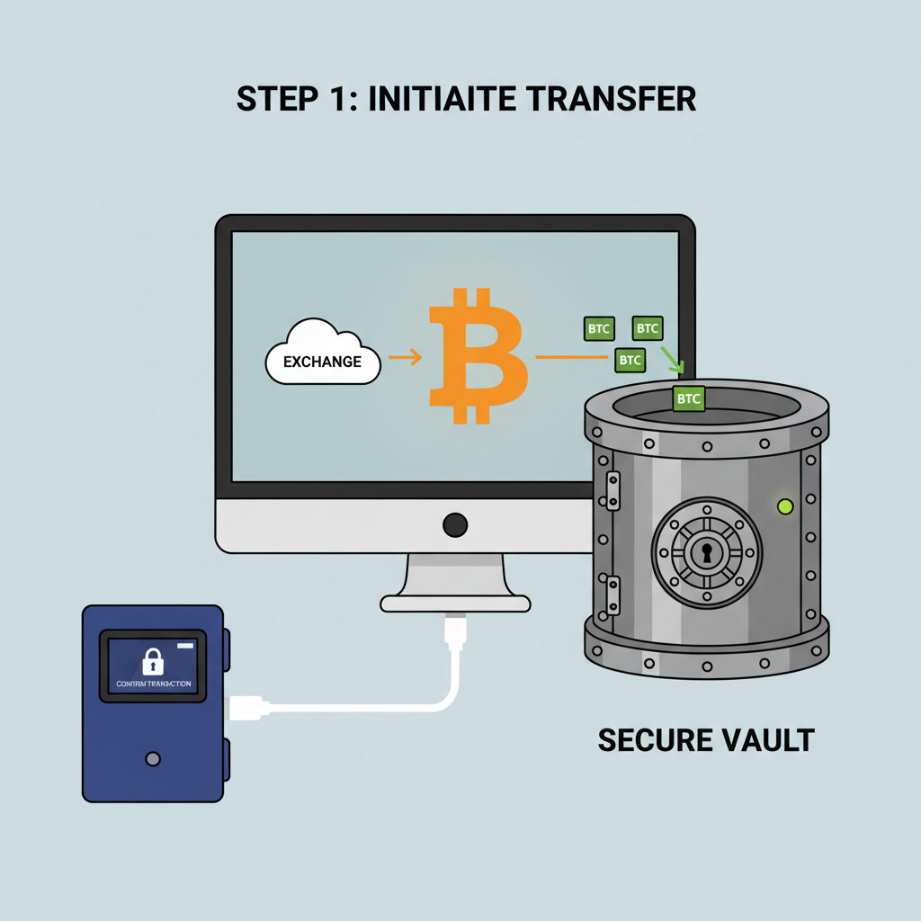 hardware wallet like Ledger connected to computer, bitcoin transferring from exchange, secure vault aesthetic