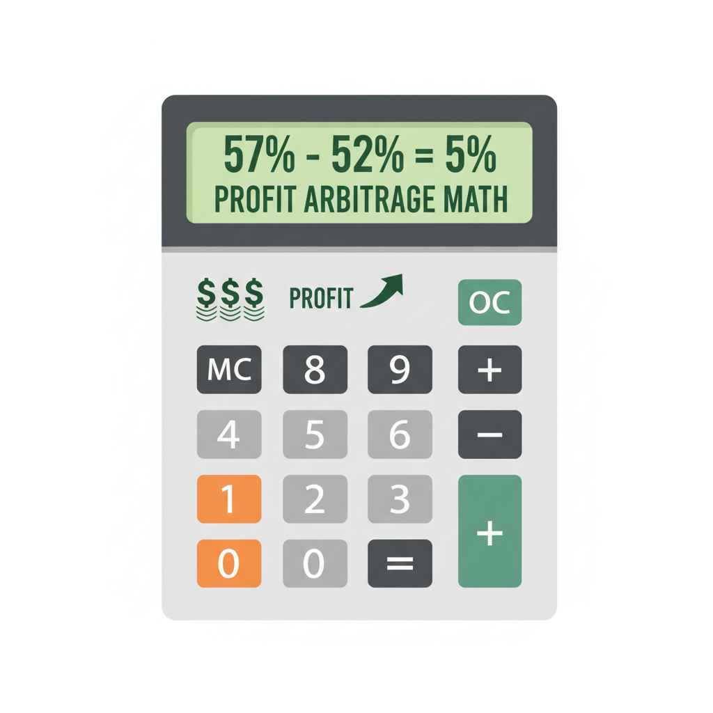 calculator displaying 57% minus 52% equals 5% profit arbitrage math, dollar signs, green profit arrow, simple financial graphic