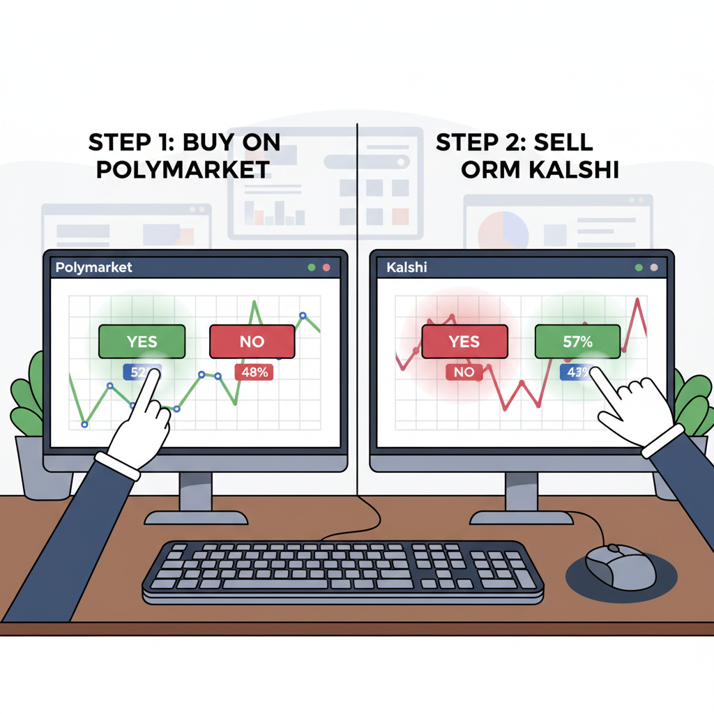 split screen trading interfaces Polymarket buy yes 52% Kalshi sell yes 57%, buttons clicked, charts in background, professional trader desk