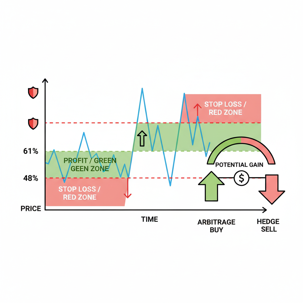 trading chart with stop loss lines at 48% and 61%, shield icons, red green zones, arbitrage hedge visualization
