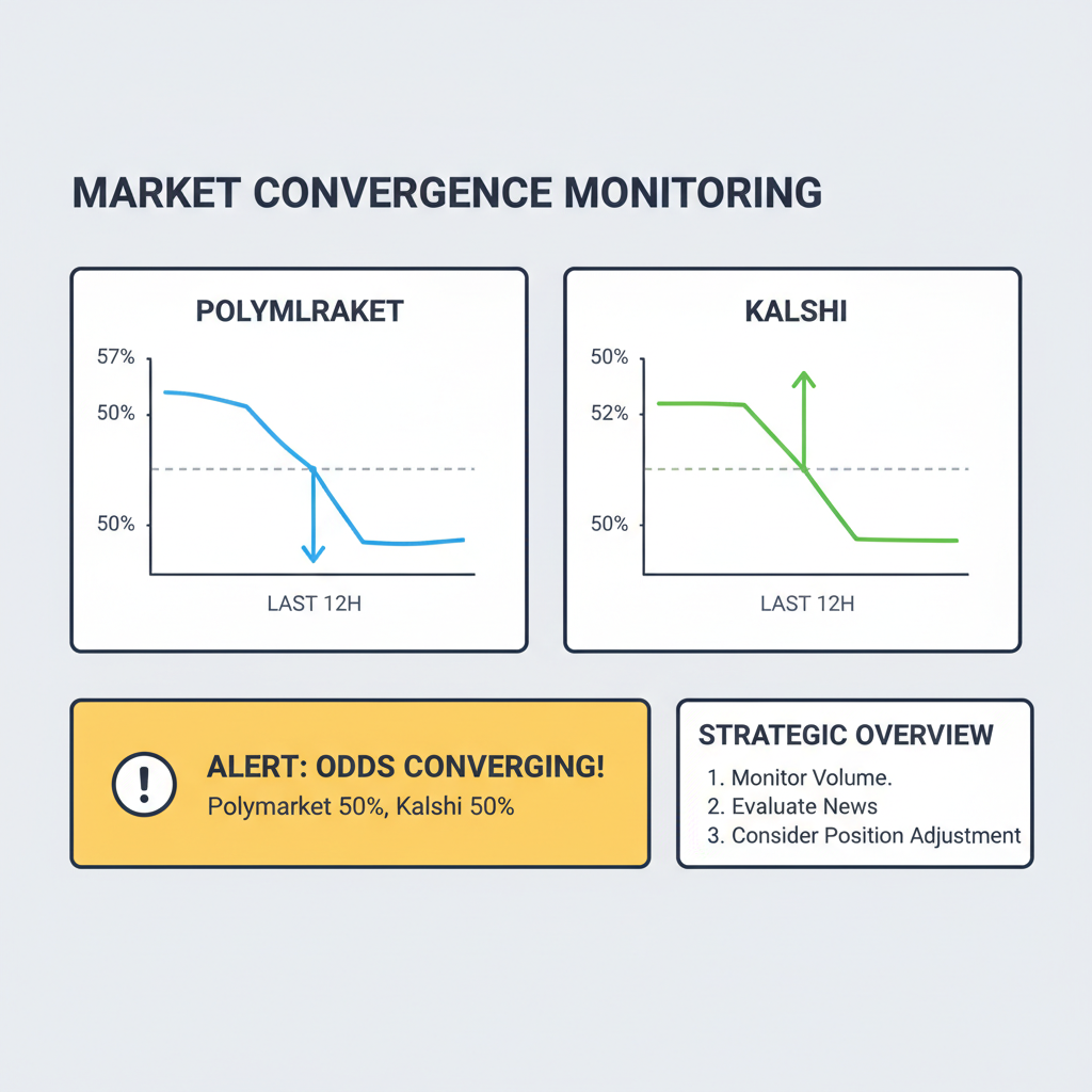 dashboard monitoring Polymarket Kalshi odds converging from 52-57% to equal, graphs trending, alert notifications, strategic overview