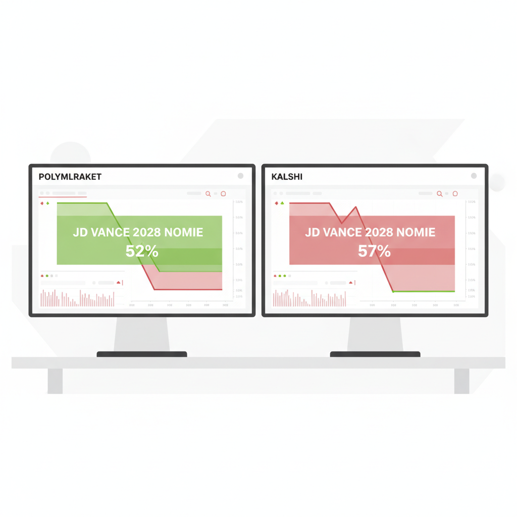 clean dual screen showing Polymarket 52% and Kalshi 57% odds charts for JD Vance 2028 nominee, green red highlights, modern trading UI
