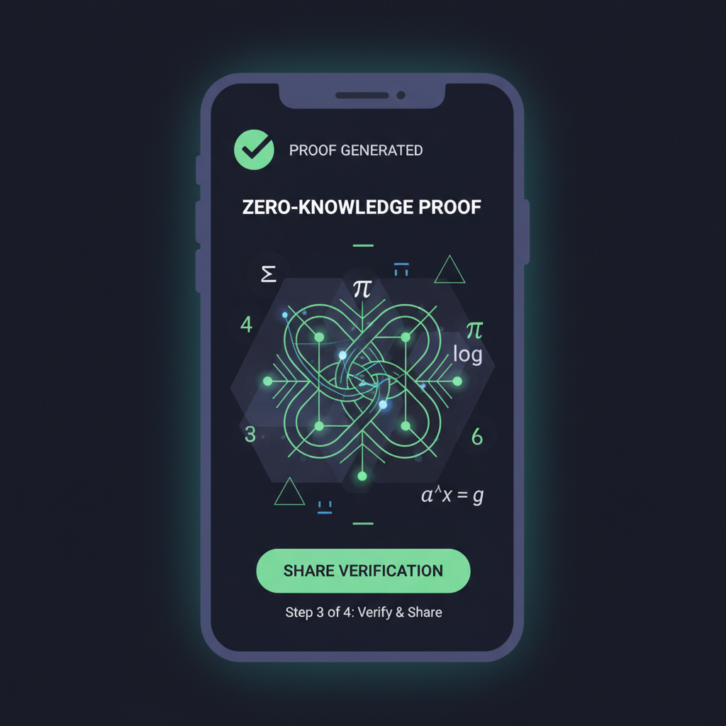 wallet app generating ZK proof, cryptographic math visuals, green checkmark, dark mode UI