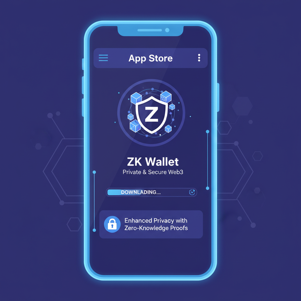 smartphone downloading ZK wallet app from app store, clean futuristic UI, Web3 privacy theme