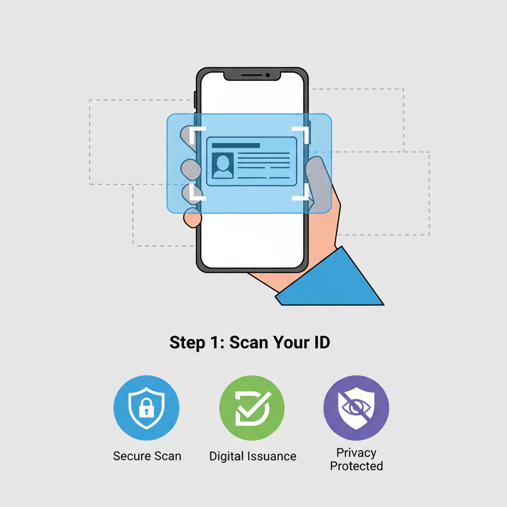 user scanning government ID on phone app, digital credential issuing, privacy shield icons
