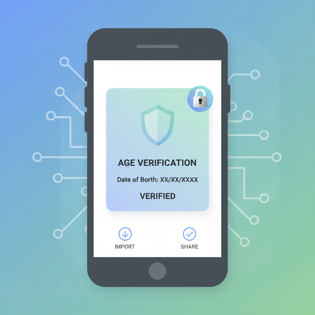 mobile wallet screen showing imported age VC card, secure lock icon, blockchain background