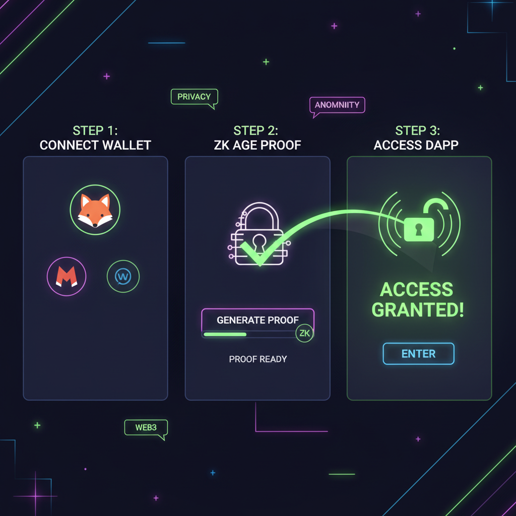 Web3 dApp dashboard accepting ZK age proof, access granted animation, neon privacy theme