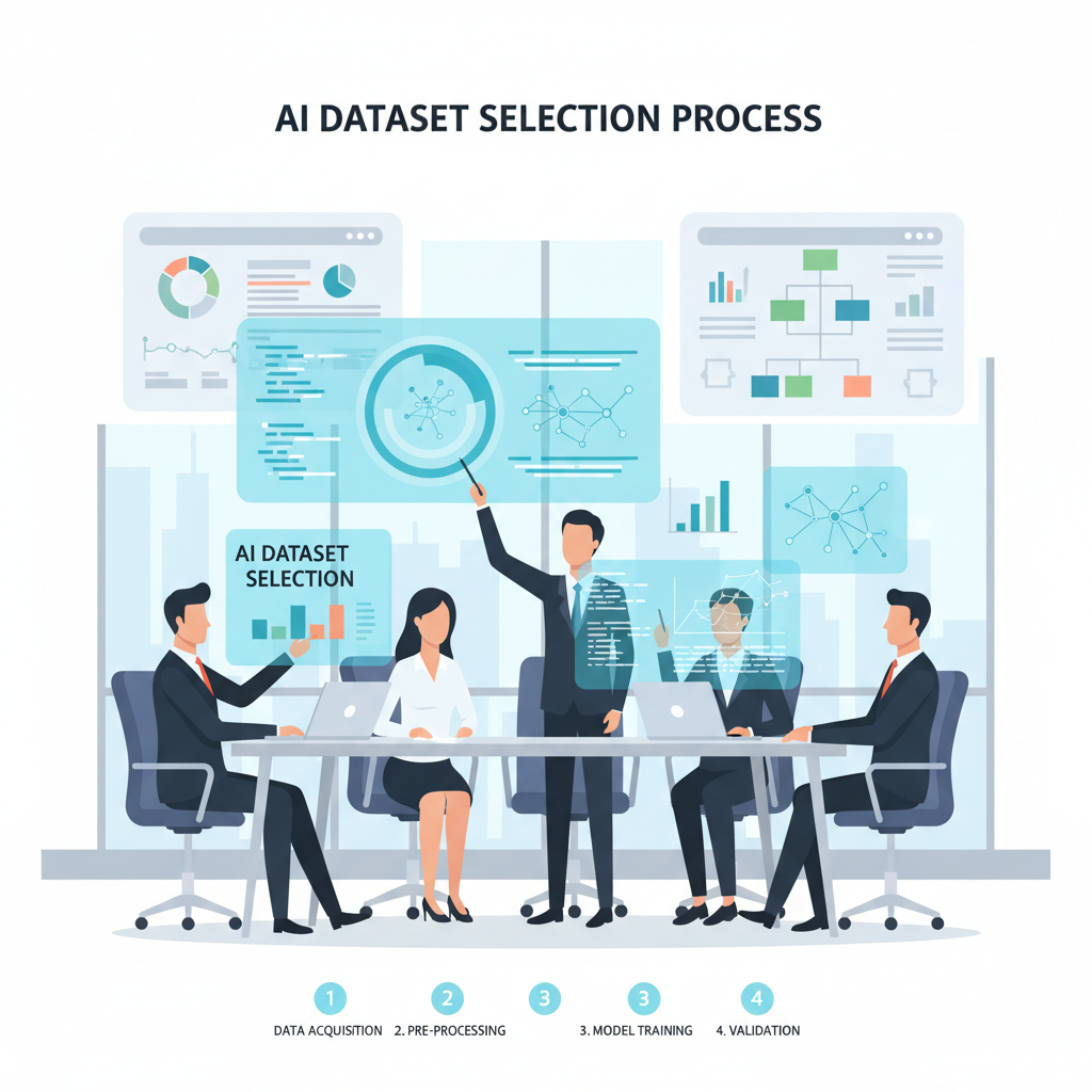 professional team at conference table selecting AI datasets on holographic screens, enterprise office, tech charts