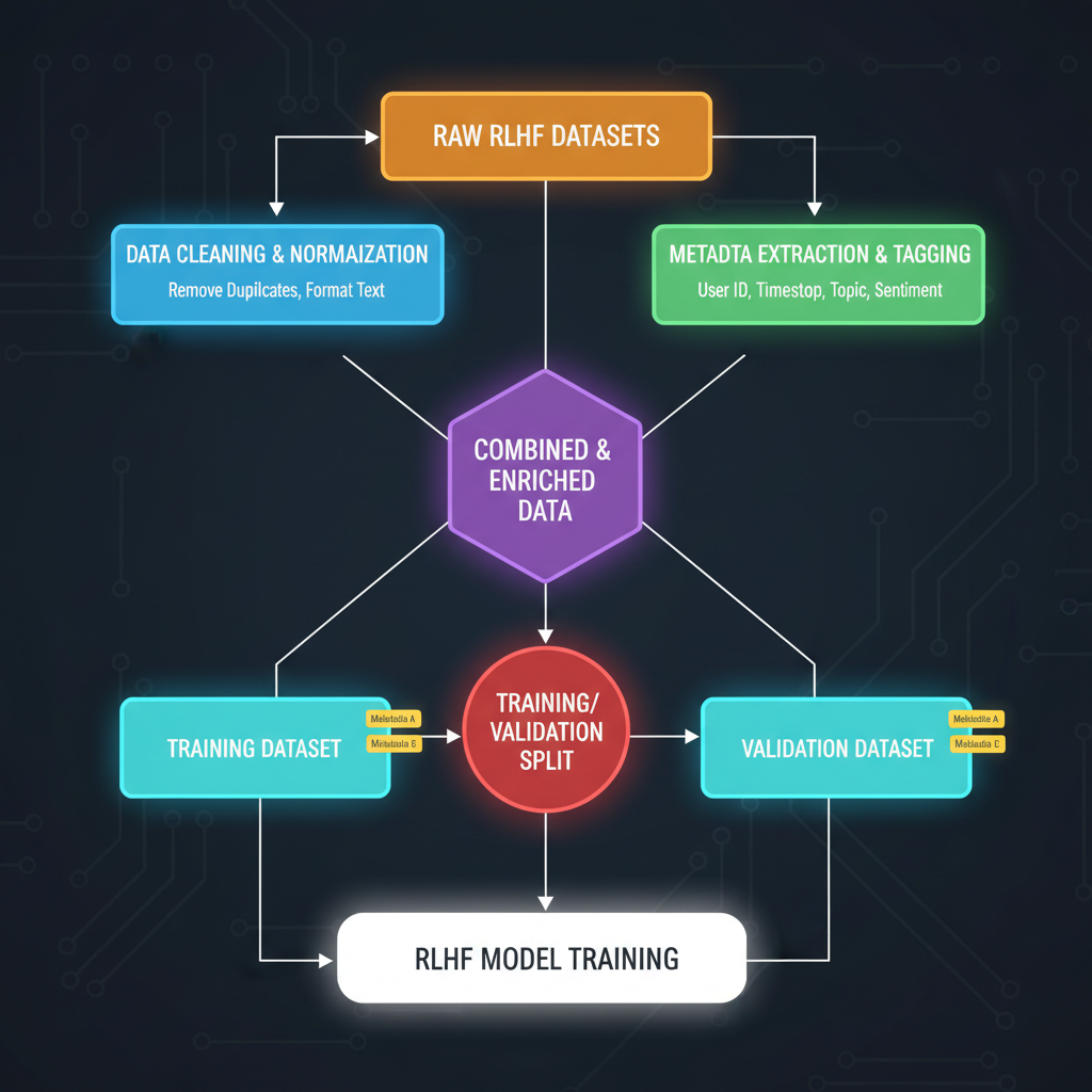 data pipeline flowchart preprocessing RLHF datasets with metadata tags, glowing nodes, dark tech background