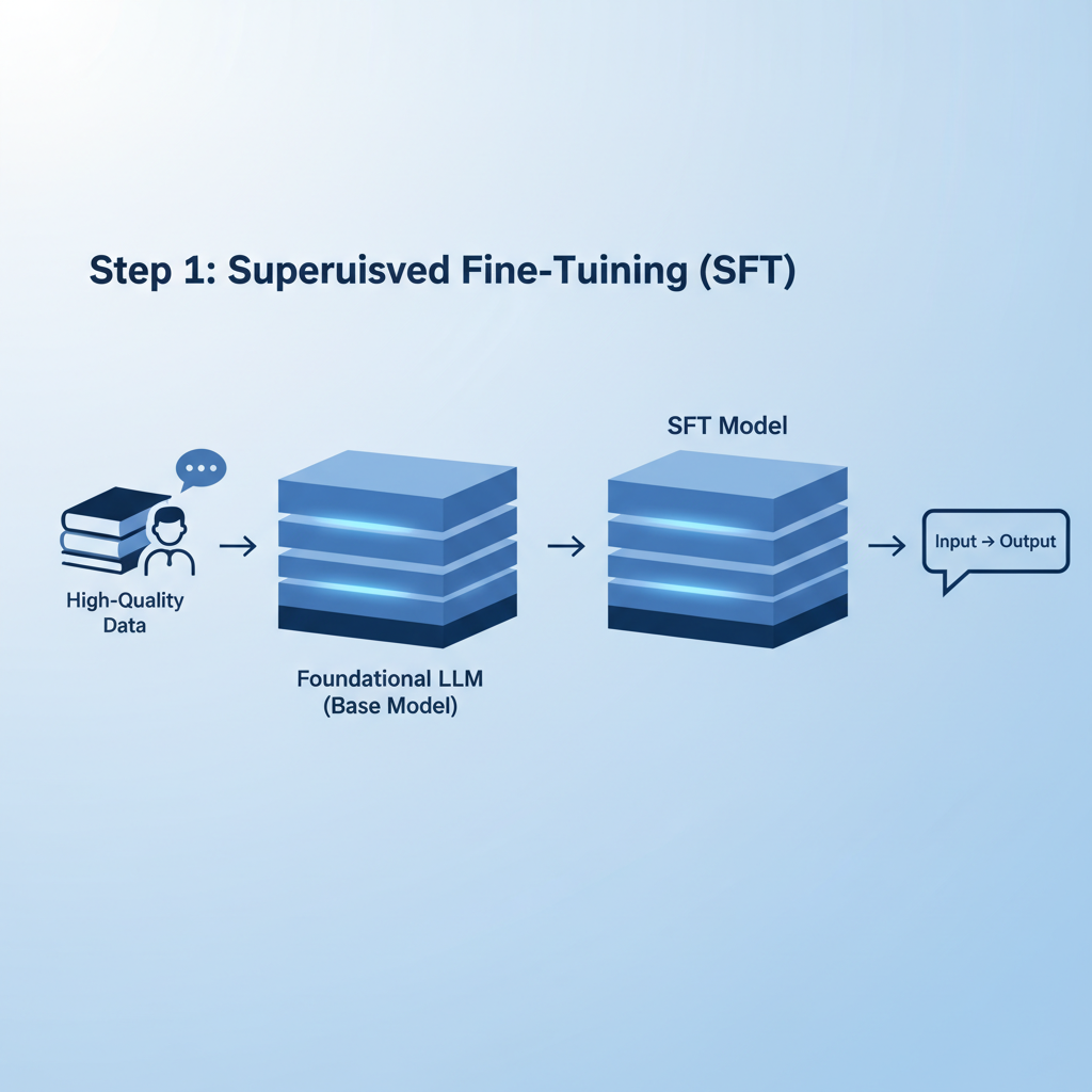 step-by-step LLM training diagram SFT to preference tuning, neural network layers activating, blue tones