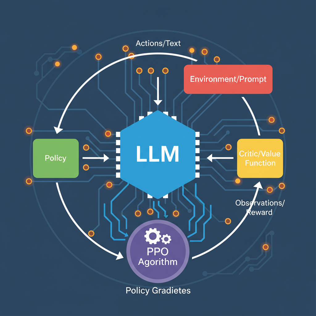 PPO reinforcement learning loop visualization refining LLM, policy gradients flowing, circuit board aesthetic