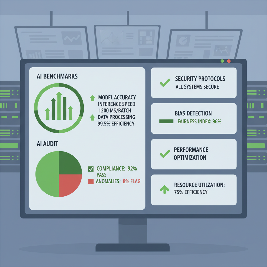 dashboard displaying AI benchmarks and audit charts, green success metrics, enterprise control room