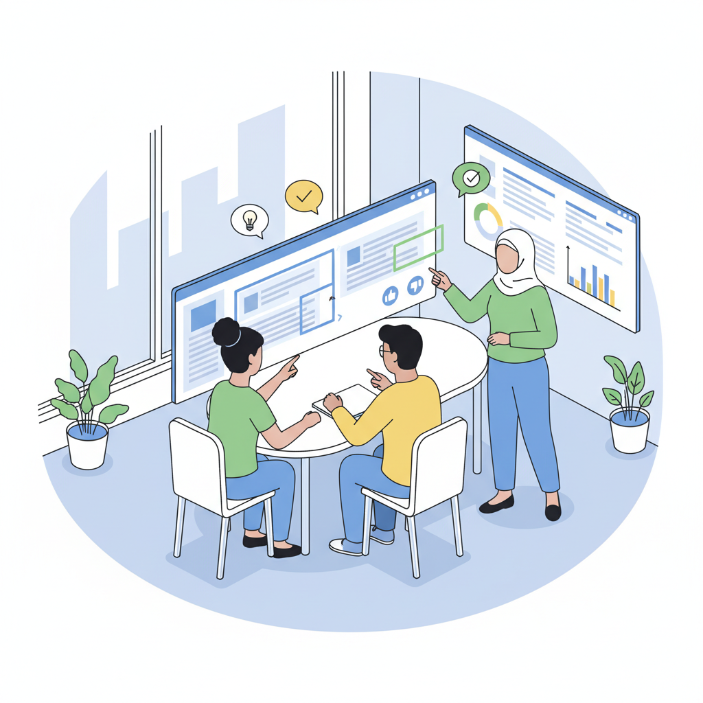 experts annotating AI response pairs on screens, collaborative workshop vibe