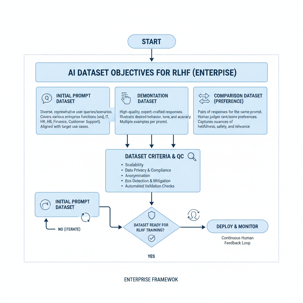 professional flowchart defining AI dataset objectives for RLHF in enterprise setting, clean modern design