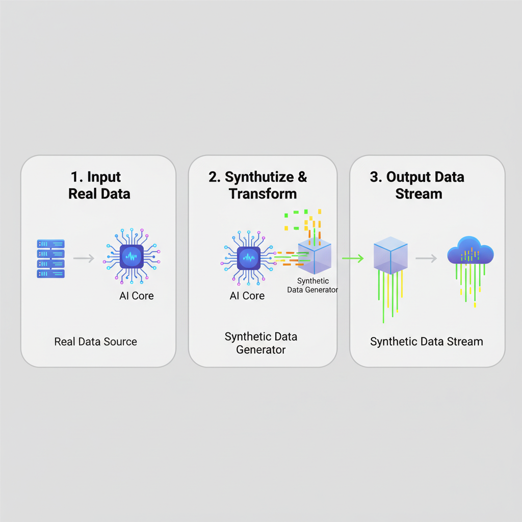 AI generating synthetic data streams, glowing neural networks, futuristic