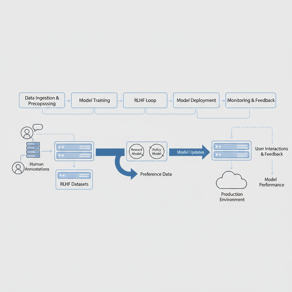 MLOps pipeline with RLHF datasets flowing through servers, workflow diagram