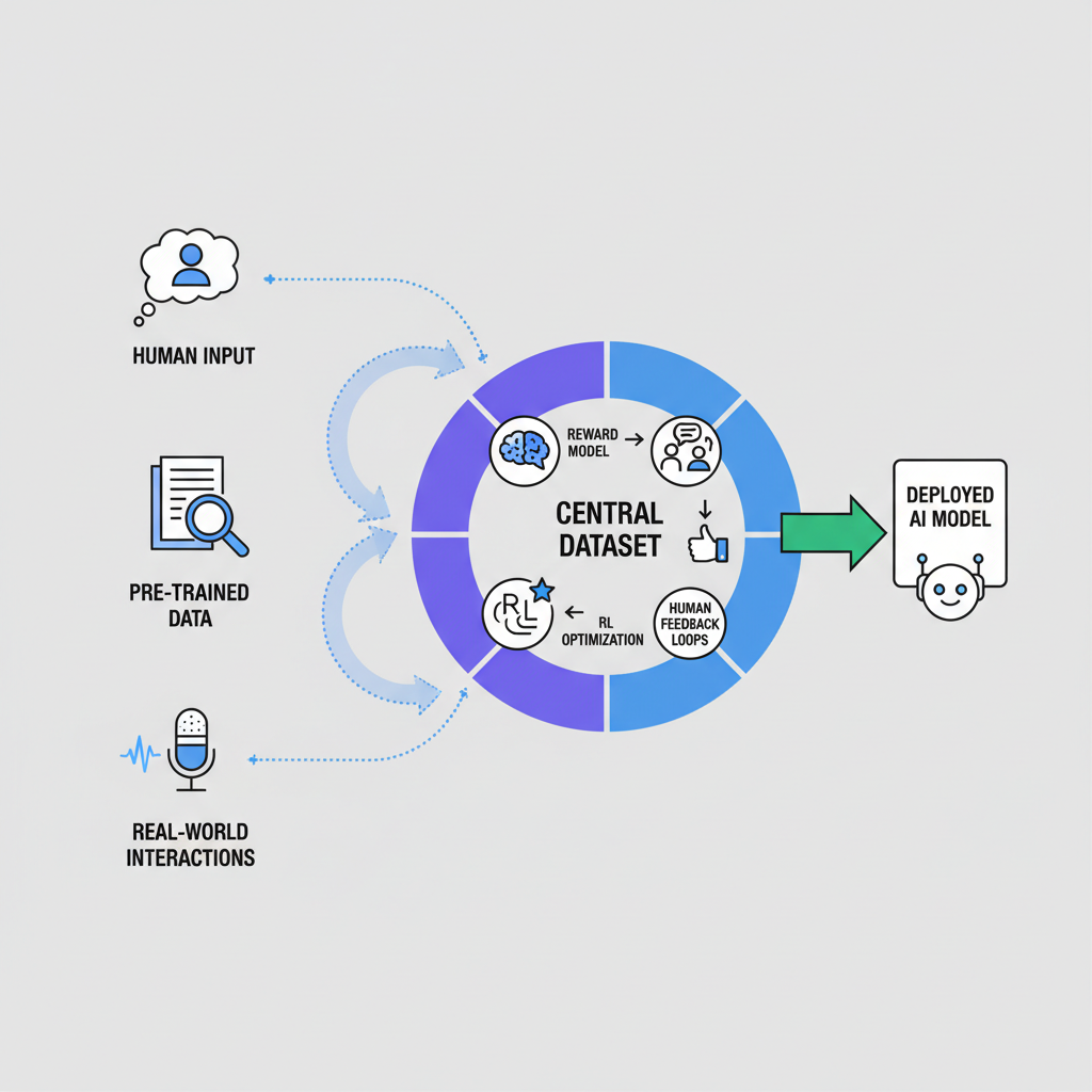 data sources icons flowing into central dataset hub, RLHF themed, tech illustration