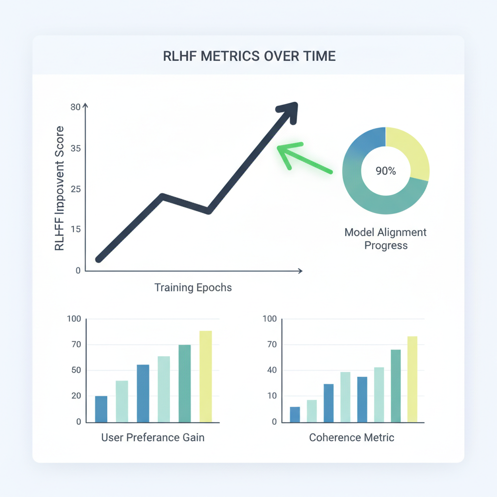 benchmark charts rising, RLHF metrics dashboard, professional graphs