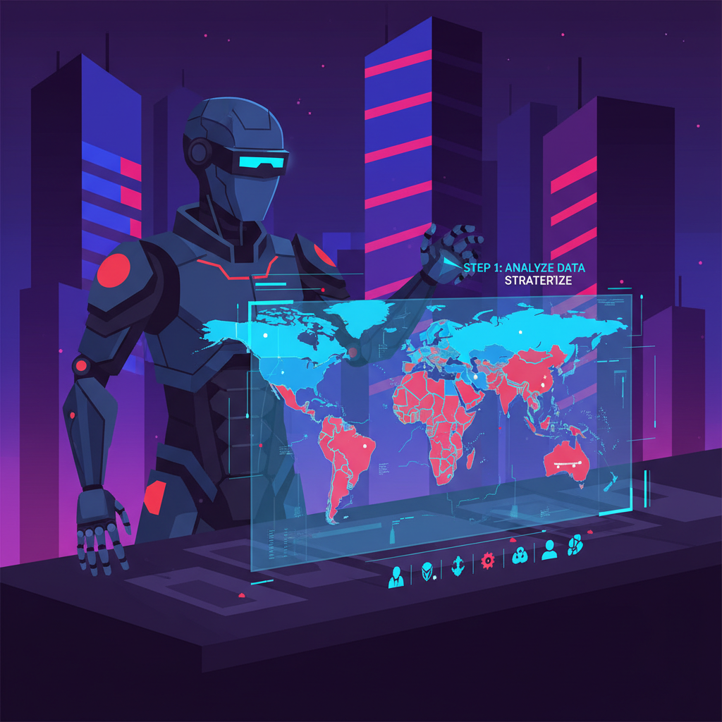 futuristic AI agent strategizing on dynamic world map with territories glowing, cyberpunk style, vibrant blues and reds