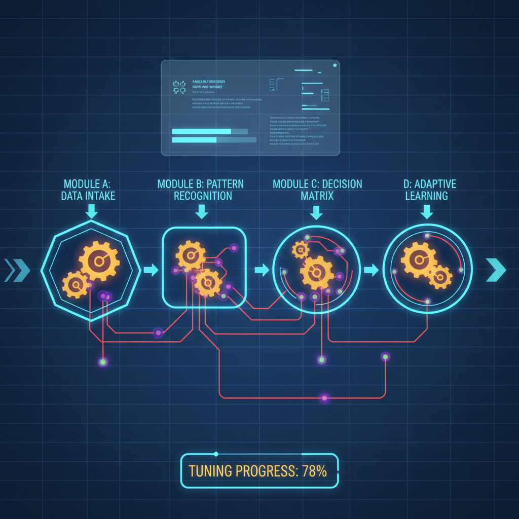 AI agent modules being tuned with glowing gears and adaptive nodes, sci-fi interface, neon highlights