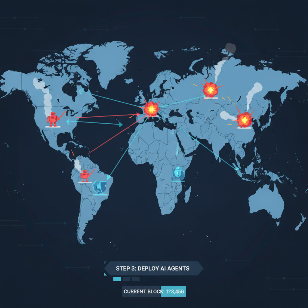 intense simulated AI agent battles on blockchain world map, explosions and strategies unfolding, epic digital art