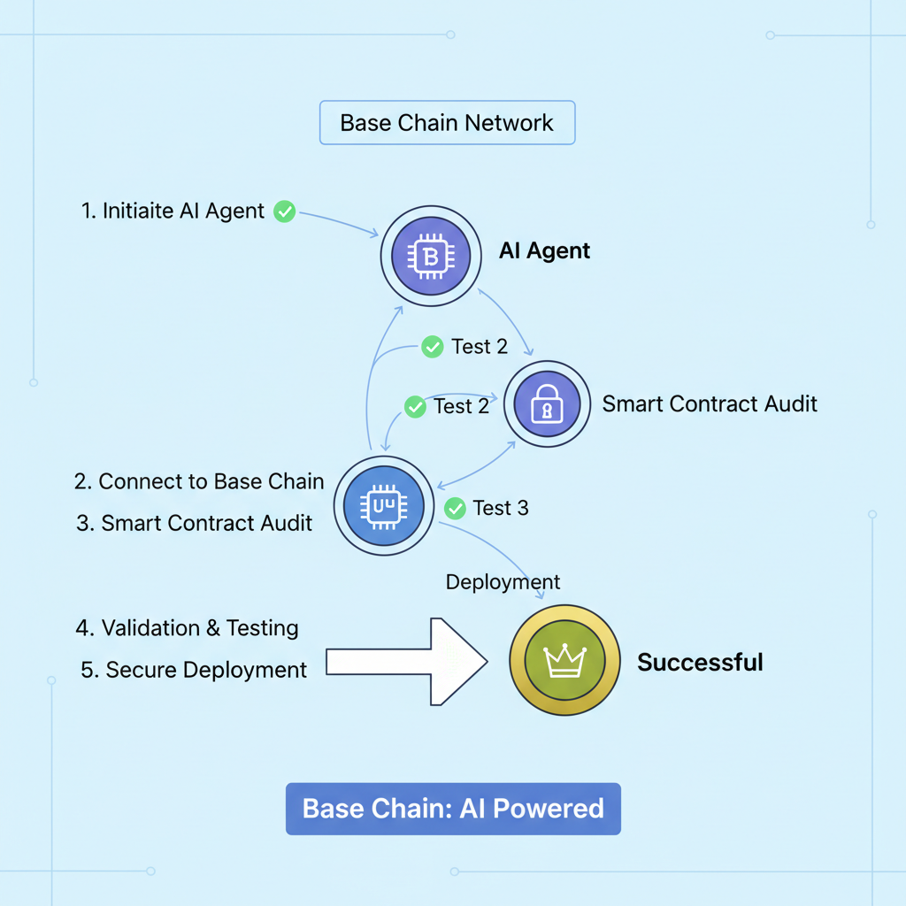 AI agent testing on Base chain network visualization, nodes connecting with green checkmarks, blockchain aesthetic