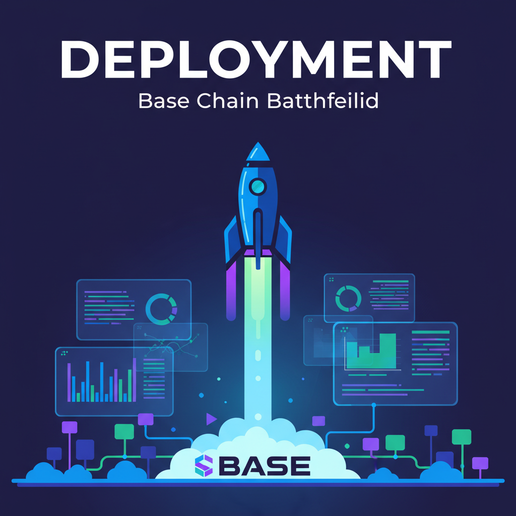 AI agent deploying like a rocket on Base chain battlefield, monitoring screens in background, triumphant cyber glow