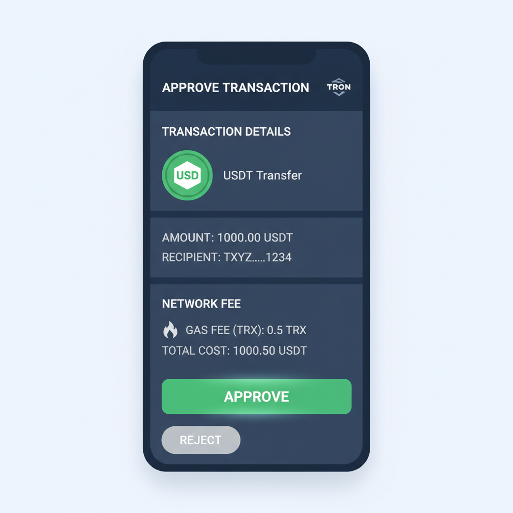 mobile wallet screen approving USDT transaction on TRON network, low gas fee visible, green approve button, professional crypto app design