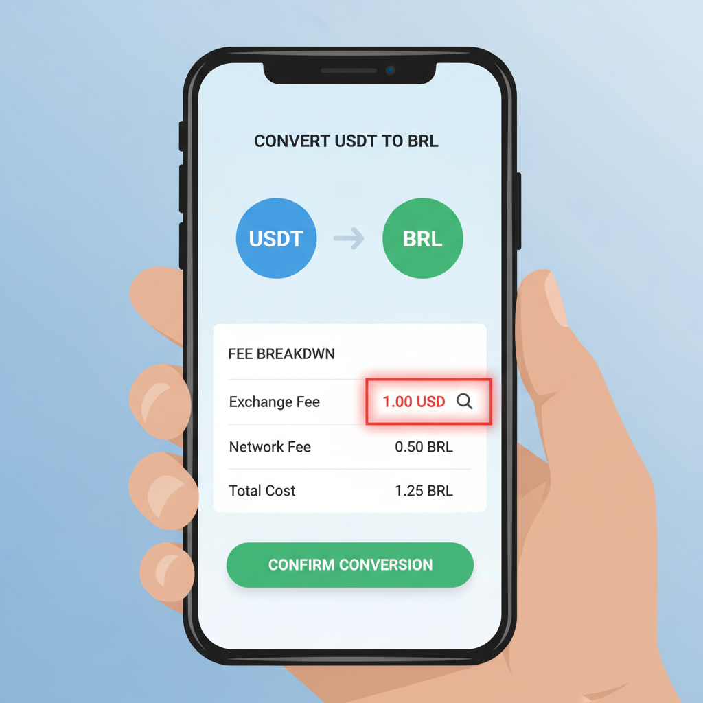 close-up smartphone screen showing crypto exchange fee breakdown for USDT to BRL, fees highlighted at 1 USD, clean modern UI, realistic app interface