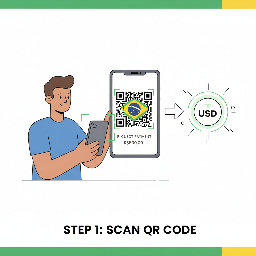 person scanning PIX QR code with smartphone camera for USDT payment, Brazilian flag elements, instant transaction animation, vibrant realistic photo