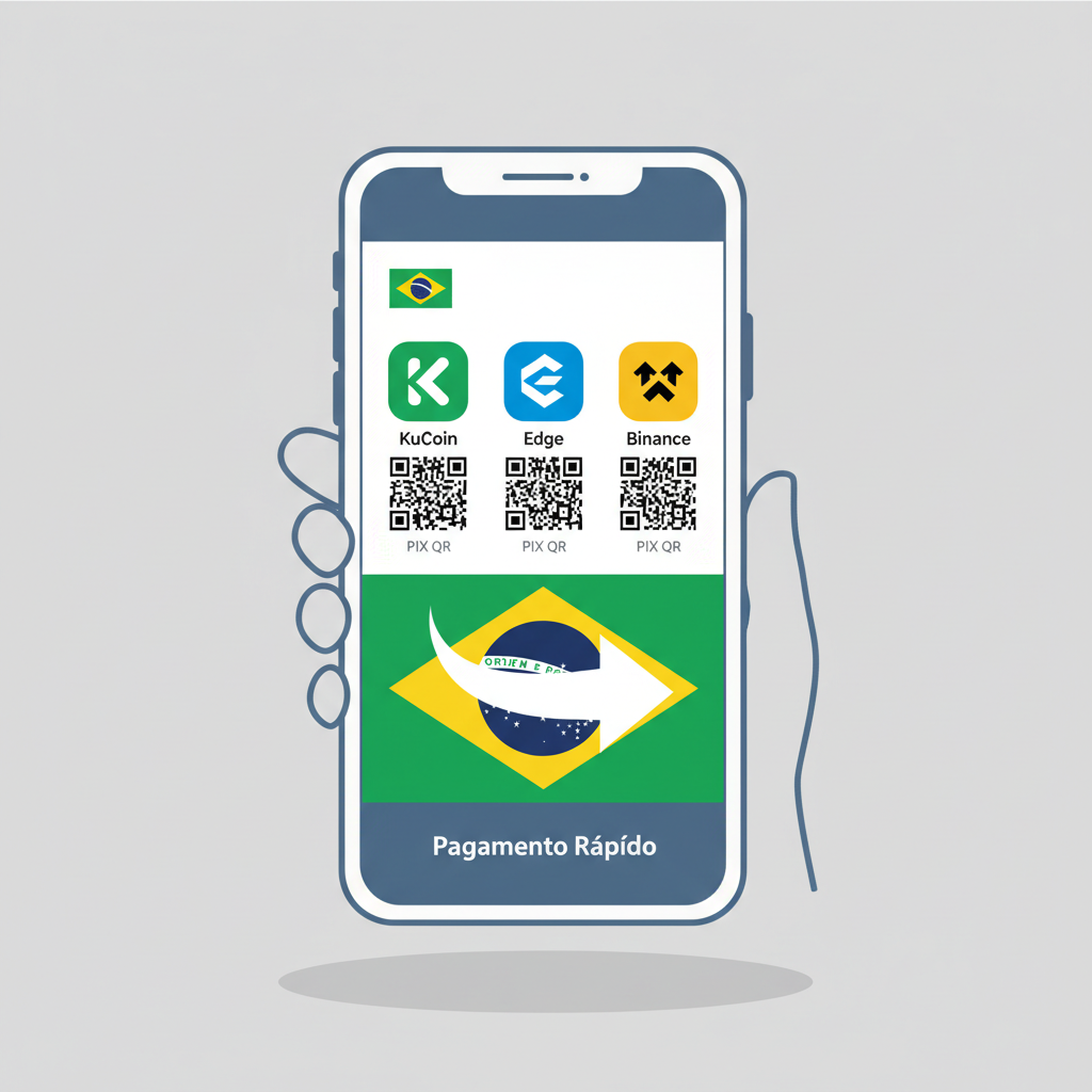Smartphone displaying KuCoin Edge Binance apps with PIX QR codes and Brazil flag, clean illustrative style