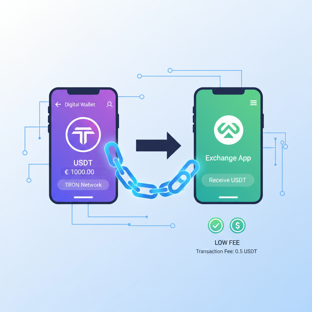 Digital wallet sending USDT on TRON network arrow to exchange app, low fee icons, blue glowing chain links