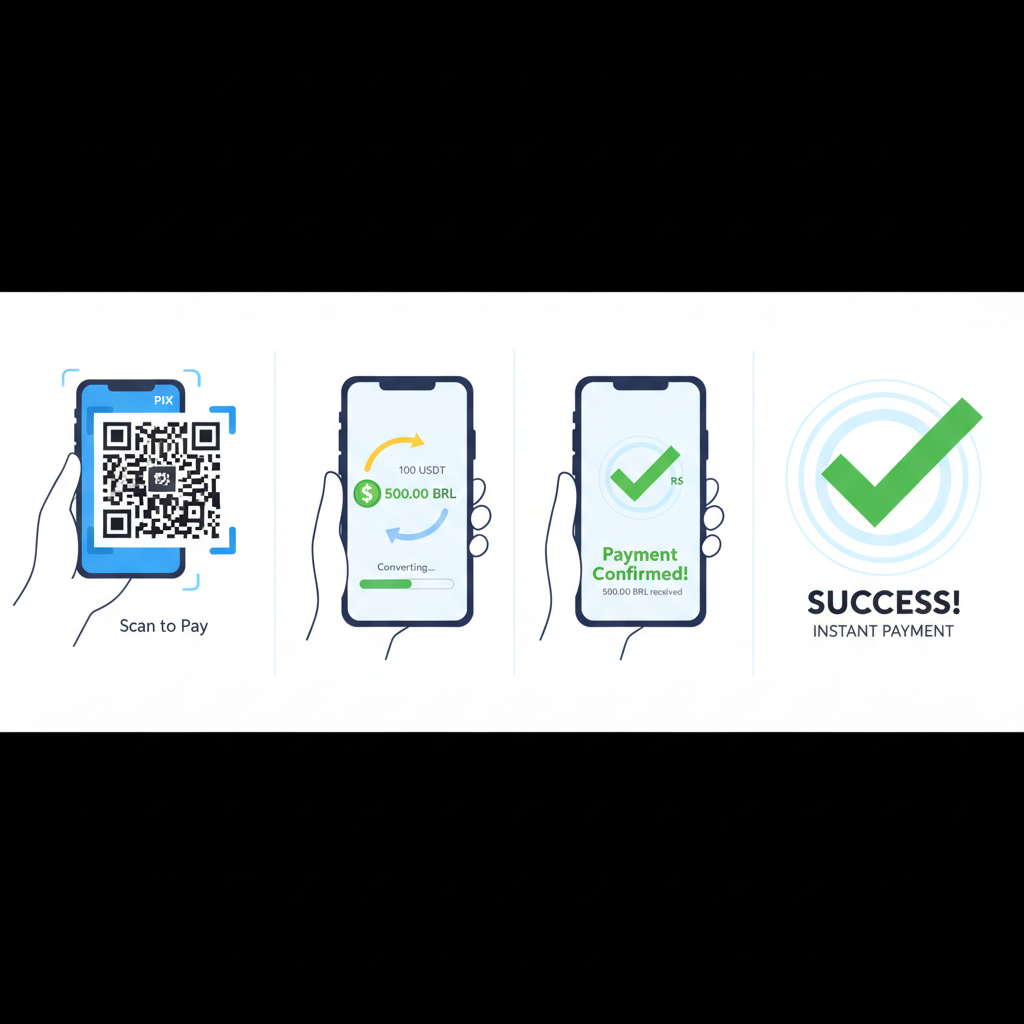 Phone camera scanning PIX QR code, USDT to BRL conversion animation, instant payment success tick