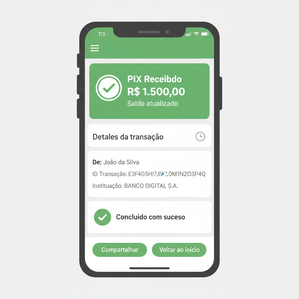 banking app notification showing BRL funds received via PIX, transaction details with hash, green success checkmark, modern mobile interface