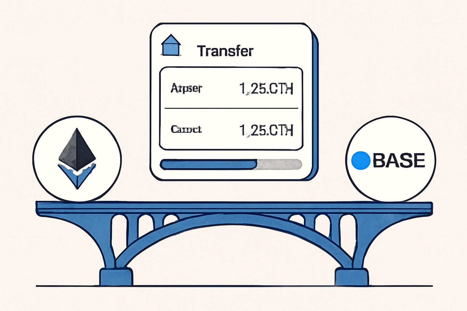 A digital bridge connecting Ethereum and Base logos, with a wallet interface showing asset transfer in progress.