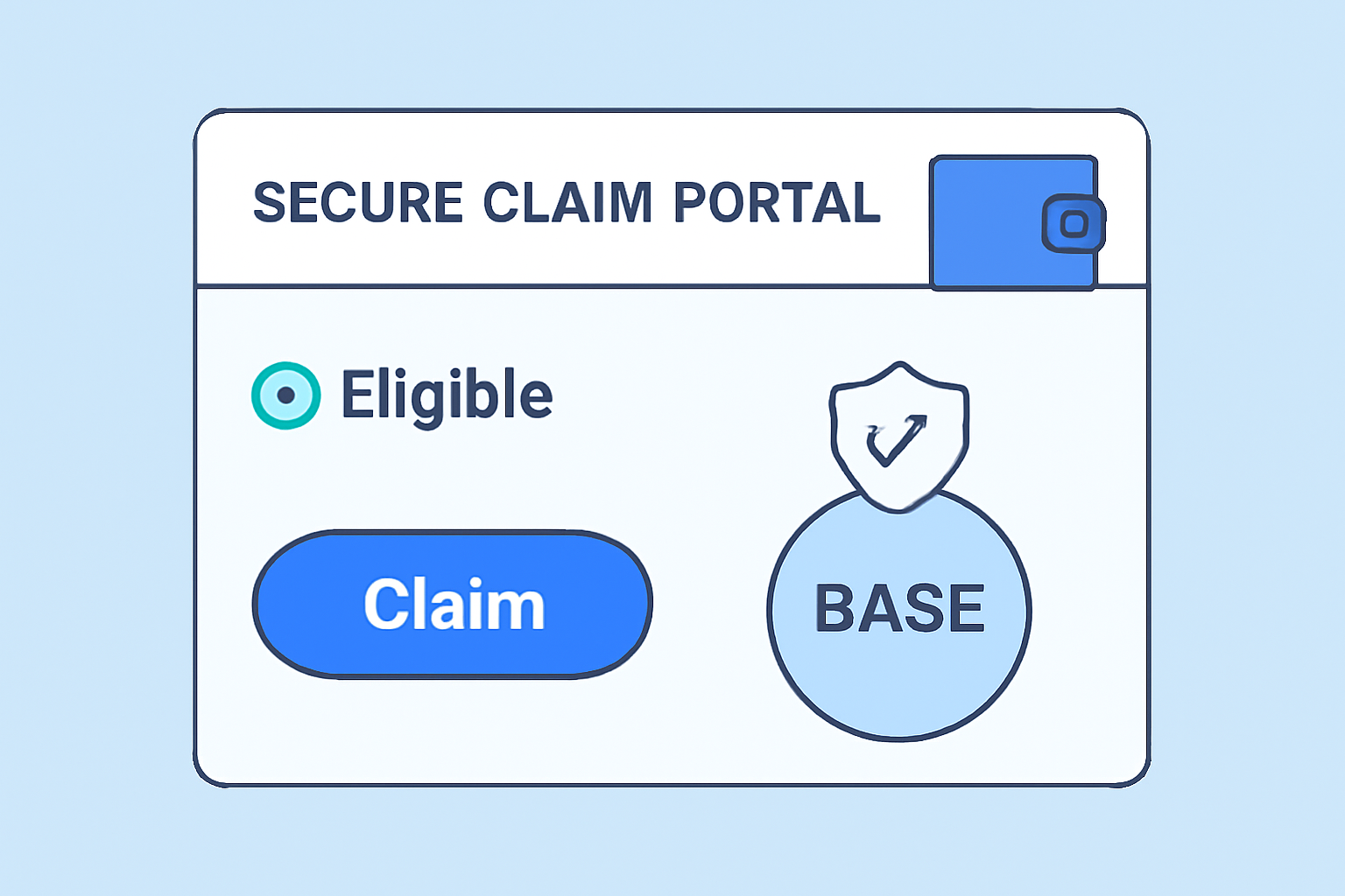 A secure claim portal interface with a wallet connected, a checkmark for eligibility, and BASE tokens being claimed safely.