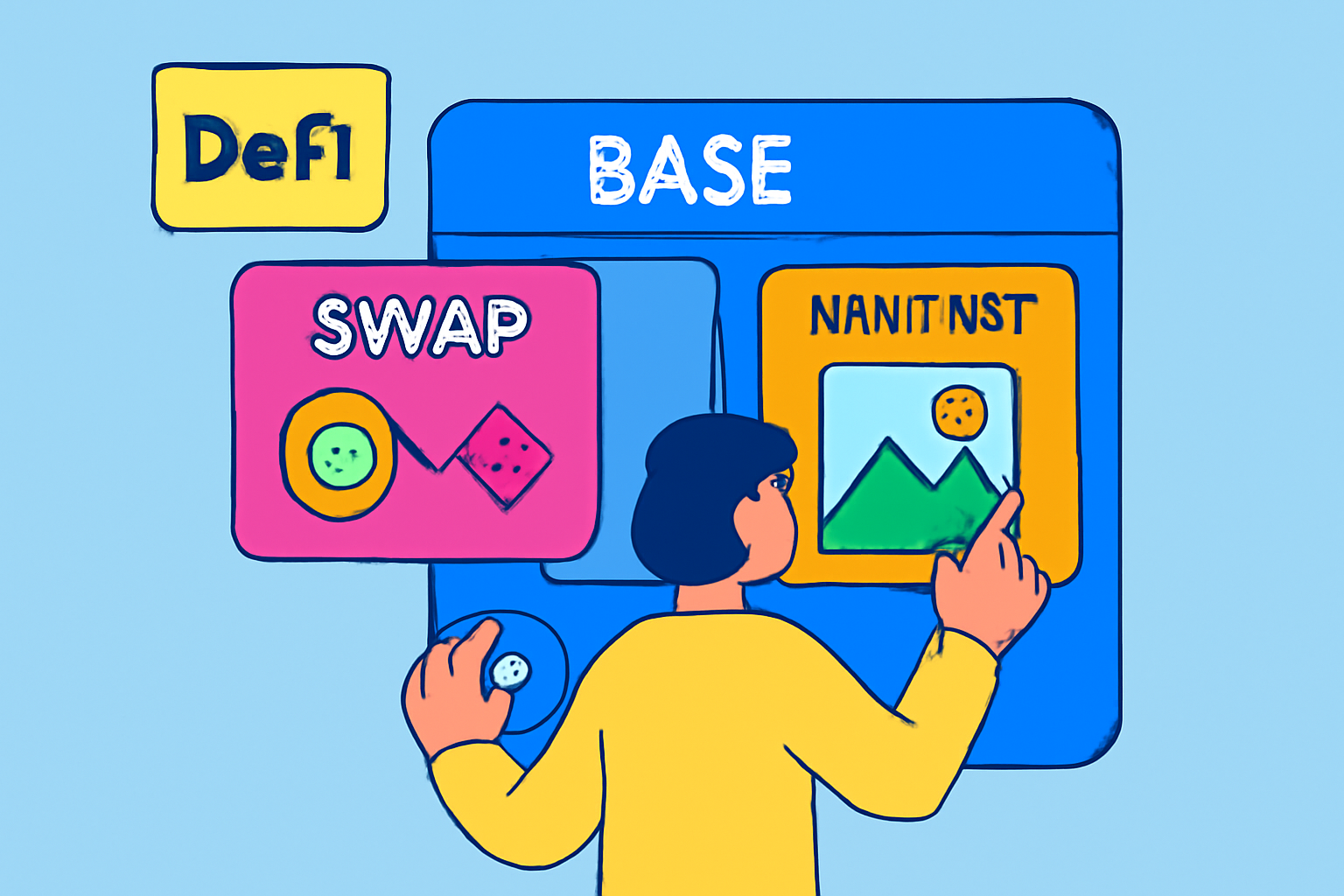 A user interacting with colorful DeFi apps, swapping tokens and minting NFTs on the Base network interface.