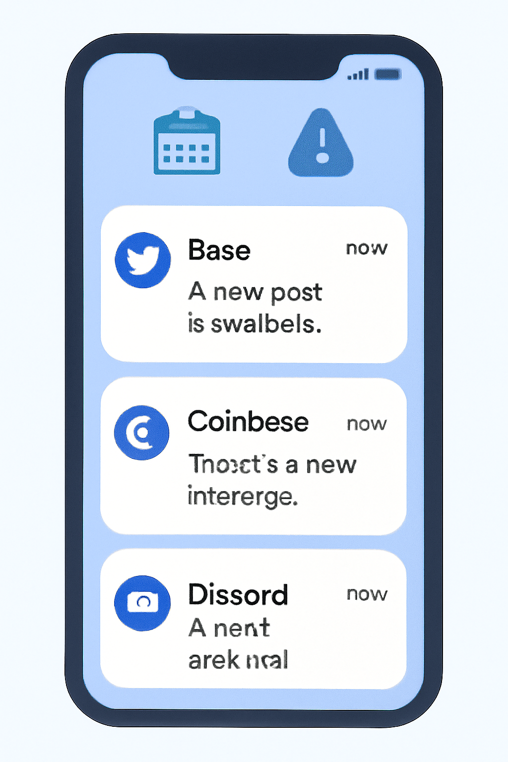 A phone screen showing notifications from Base and Coinbase Twitter and Discord channels, with a calendar and alert icons.