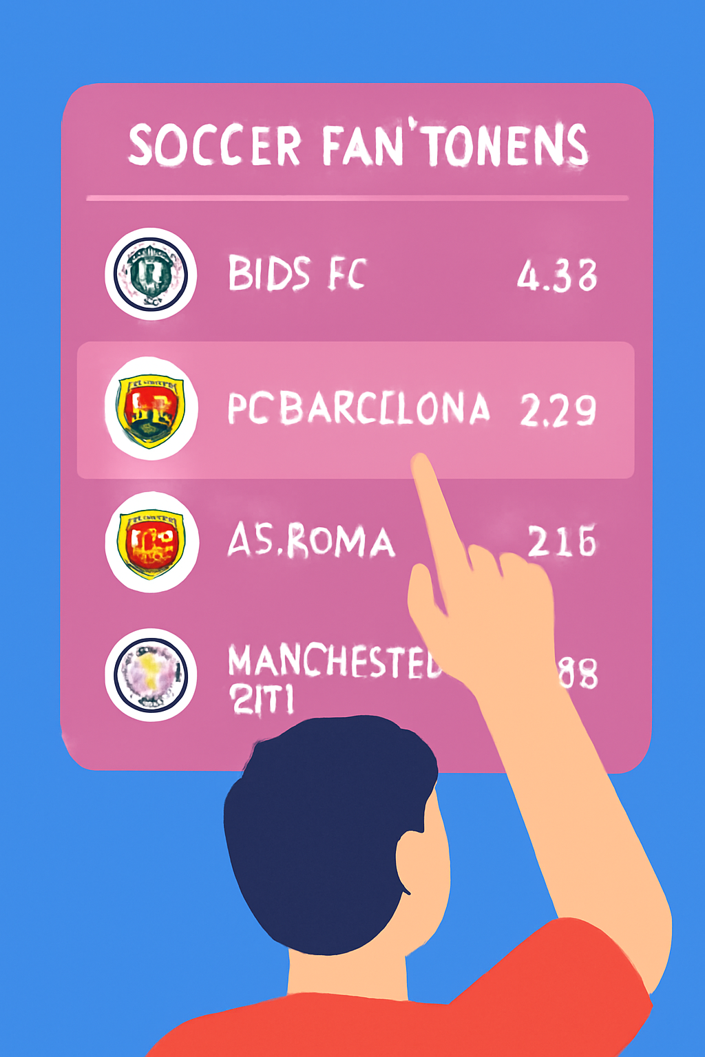 A user selecting from a list of soccer fan tokens, each with club logos and current prices, on a vibrant digital interface.