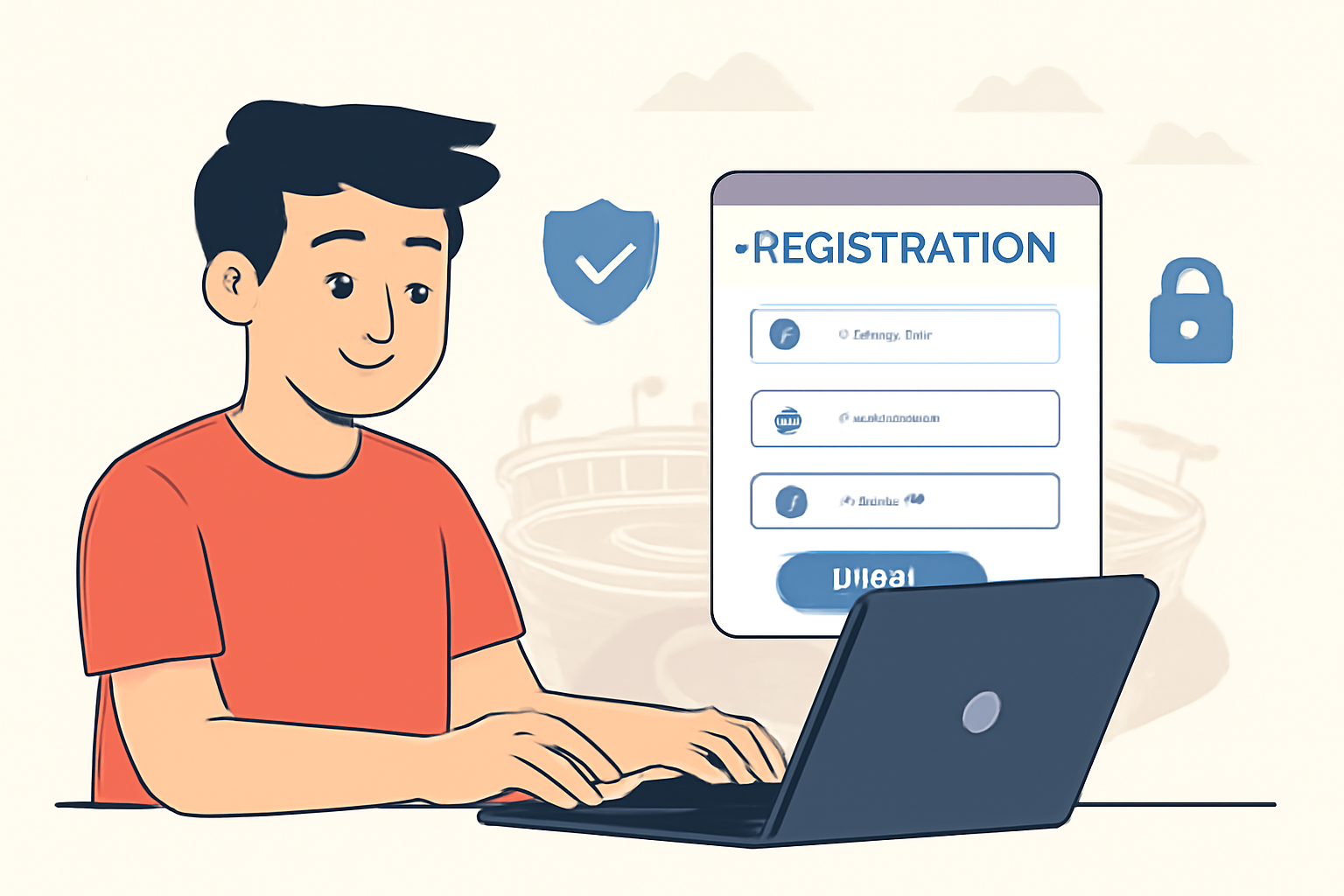 A friendly user filling out a registration form on a laptop, with security icons and a soccer stadium in the background.