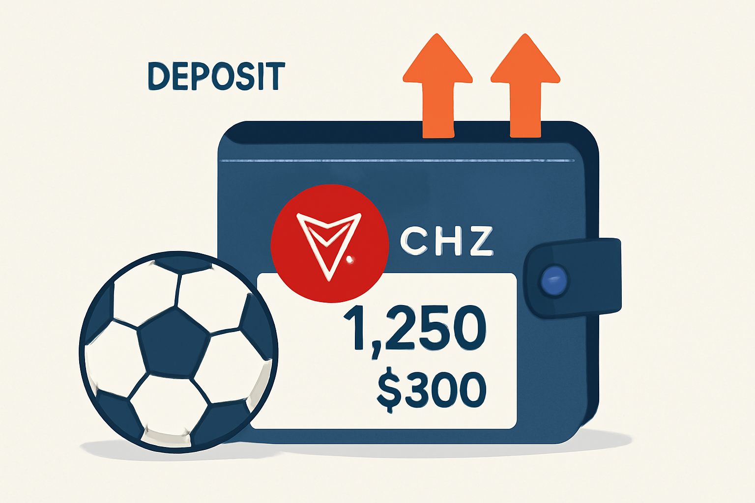 A digital wallet displaying a balance of CHZ tokens and fiat currency, with a soccer ball and upward arrows indicating deposit.