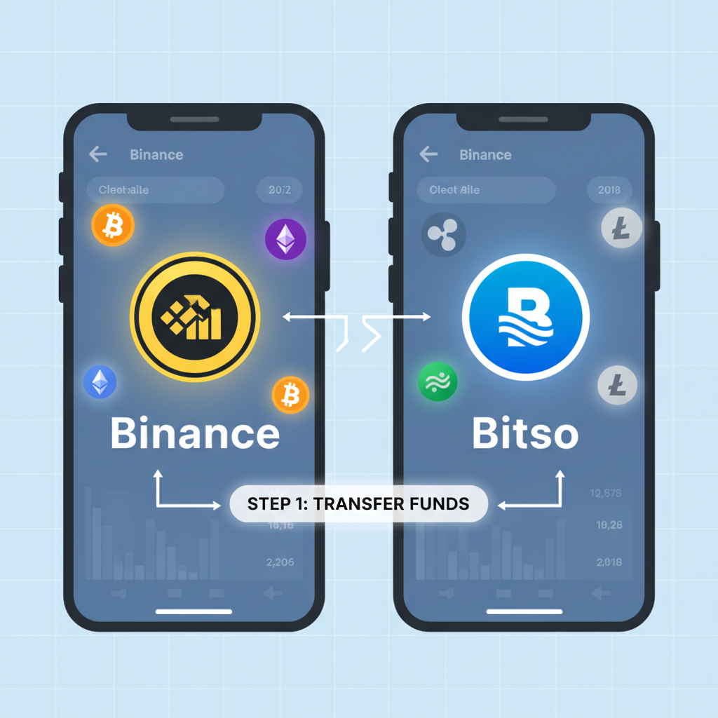 smartphone screen showing Binance and Bitso apps side by side, crypto logos glowing