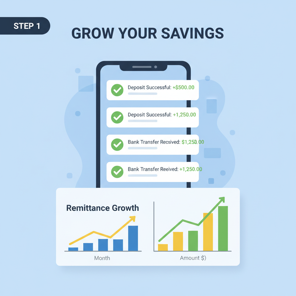 phone notifications of successful bank deposit, charts showing remittance growth
