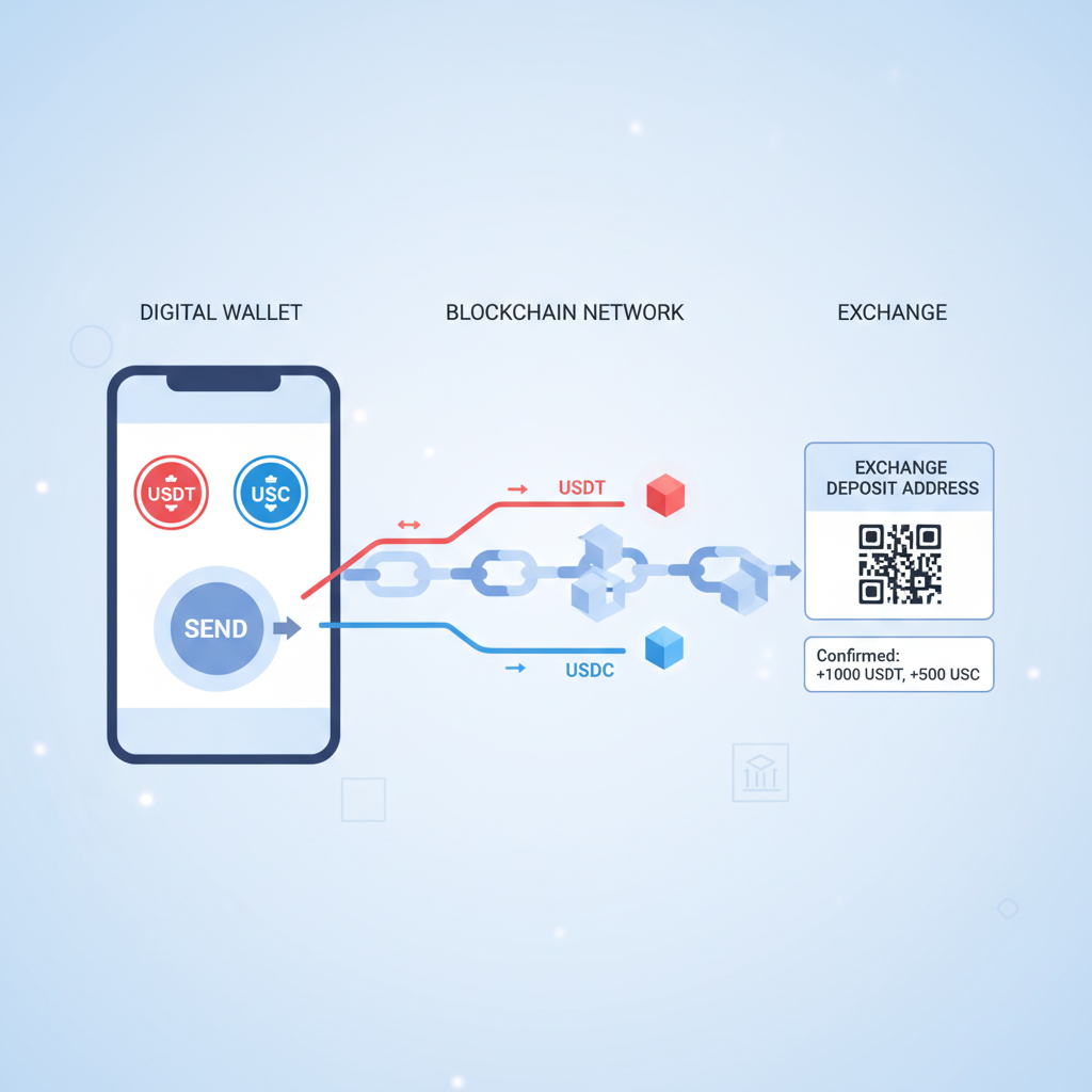 digital wallet sending USDT USDC to exchange deposit address, blockchain animation
