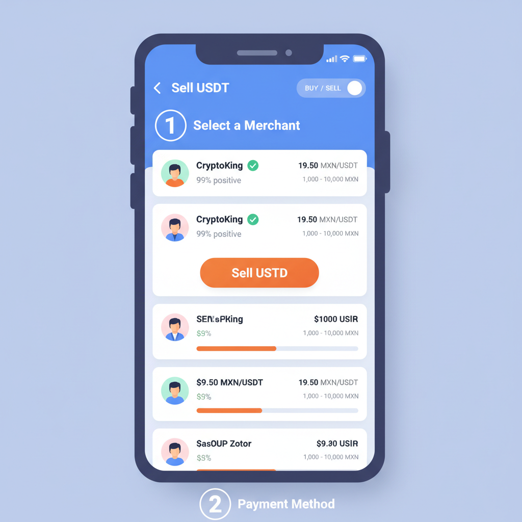 P2P trading screen selling USDT for MXN, merchant selection UI vibrant