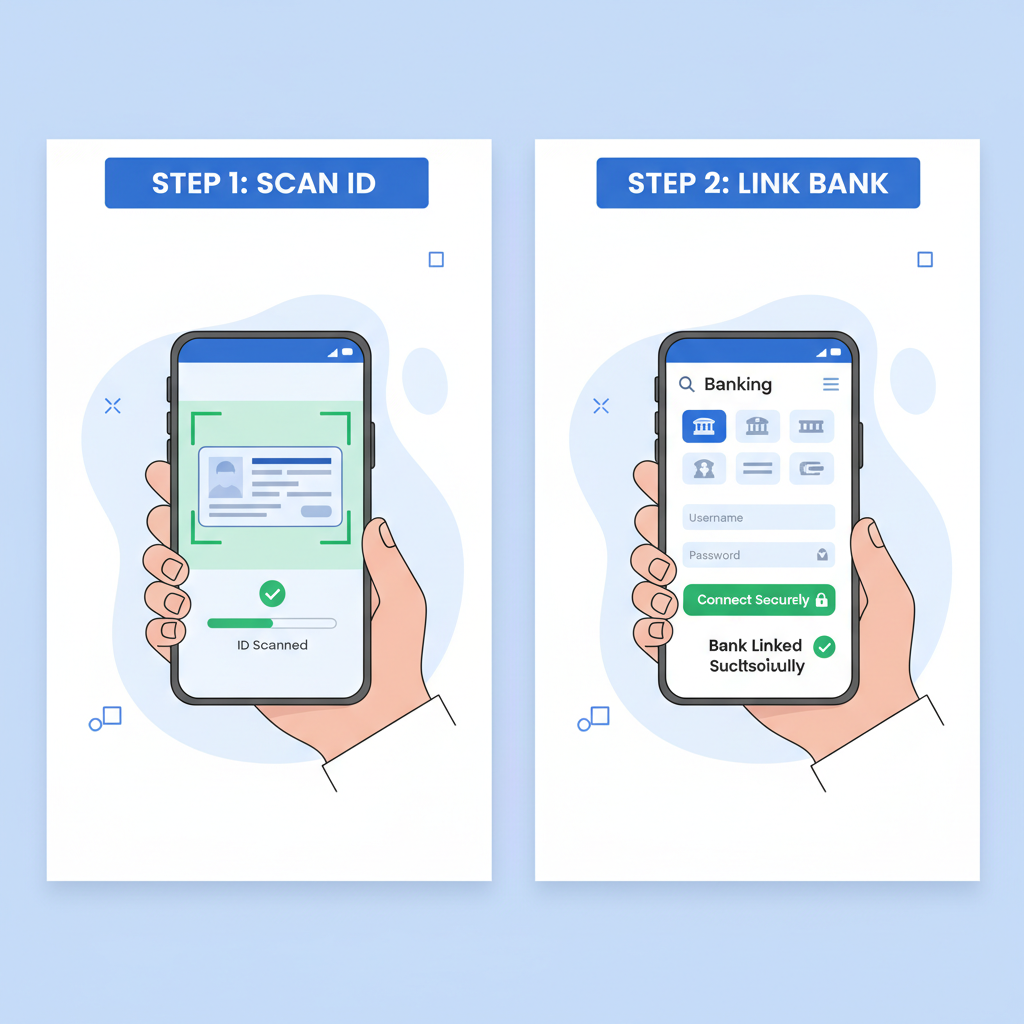 user completing KYC verification on crypto app, ID scan and bank link interface