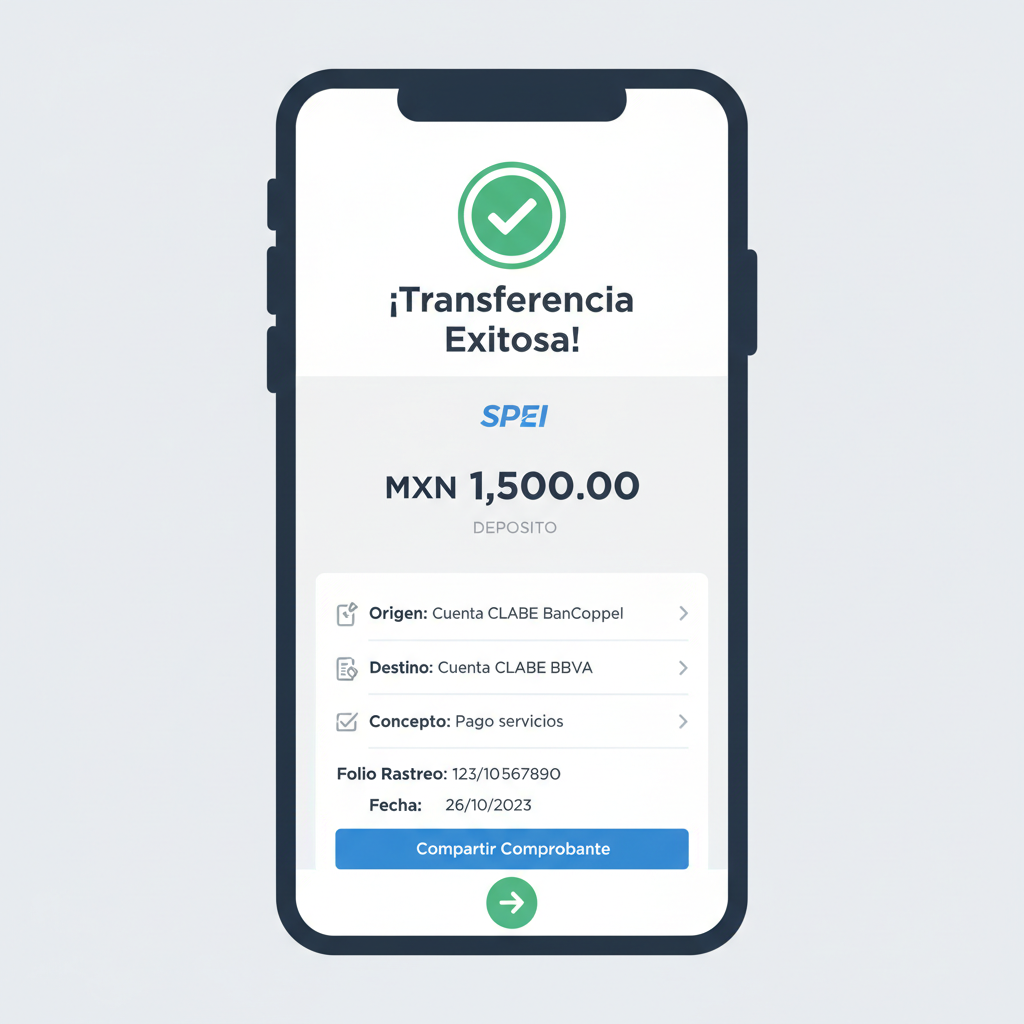 SPEI bank transfer confirmation on mobile banking app, MXN deposit