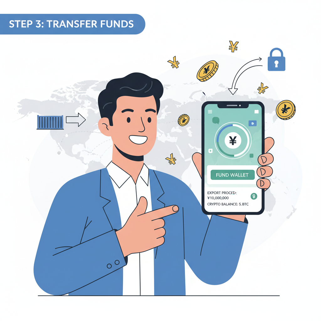 Asian exporter funding crypto wallet on mobile app, energetic vibe, modern UI, yen symbols floating