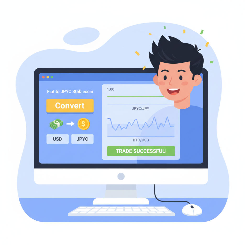 Converting fiat to JPYC stablecoin on trading platform, charts showing stable peg, excited trader